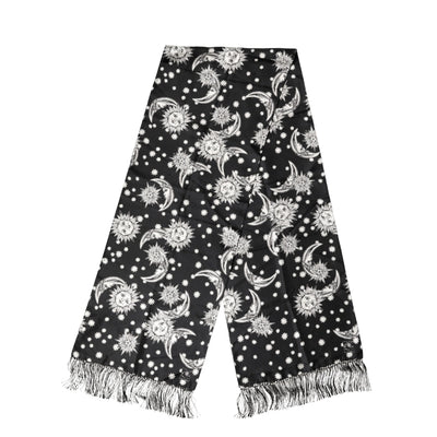 Dolce & Gabbana Black Silk Sun Moon Star Fringe Foulard 178cm X 33cm Scarf