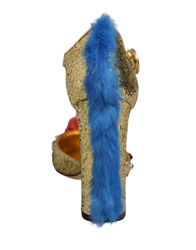 Dolce & Gabbana Gold Fur Trim Glitter T-Strap Sandals