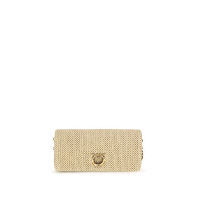 PINKO Beige Love Click Raffia Shoulder Bag