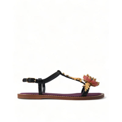 Dolce & Gabbana Sandales Noires Cristal Doré Chaussures en Cuir
