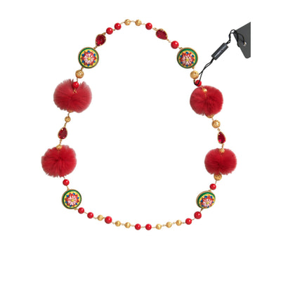 Collier Dolce & Gabbana Carretto en laiton doré, fourrure rouge et cristaux