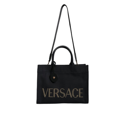 Versace Black Top Handle Canvas Leather Logo Crossbody Tote Bag