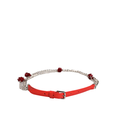Dolce & Gabbana Red Leather Silver Chain Floral Belt