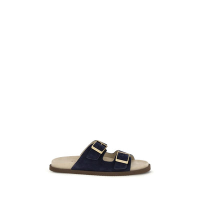 Brunello Cucinelli Blue Calf Leather Flat Sandals