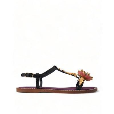 Dolce & Gabbana Black Gold Crystal-Embellished Leather Sandals