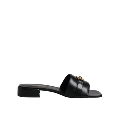 Versace Sandales plates en cuir noir à logo