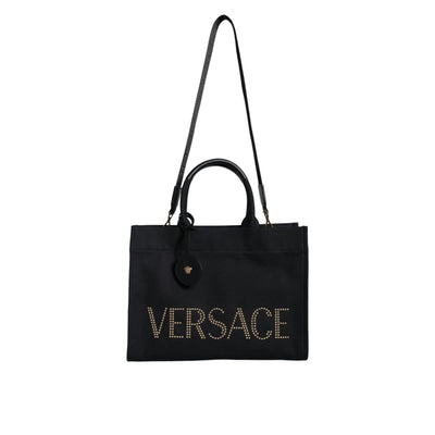 Versace Black Top Handle Canvas Leather Logo Crossbody Tote Bag