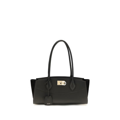 Ferragamo Black Calf Leather Shoulder Bag East West