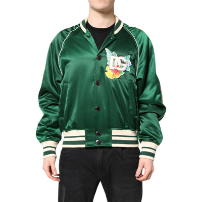 Blouson aviateur Dolce & Gabbana vert fleuri avec logo DG et fermeture éclair intégrale