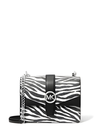 Michael Kors Greenwich Small Print Logo Crossbody Tote Chain Bag Black/White