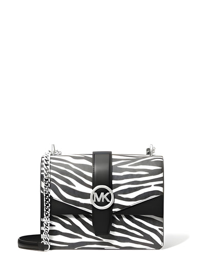 Michael Kors Greenwich Small Print Logo Crossbody Tote Chain Bag Black/White