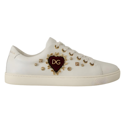 Dolce & Gabbana White Leather Gold Red Heart Sneakers