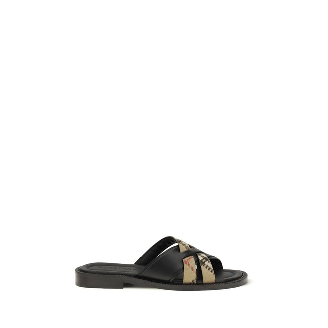 Sandali piatti Burberry in pelle di vitello nera Bos Taurus