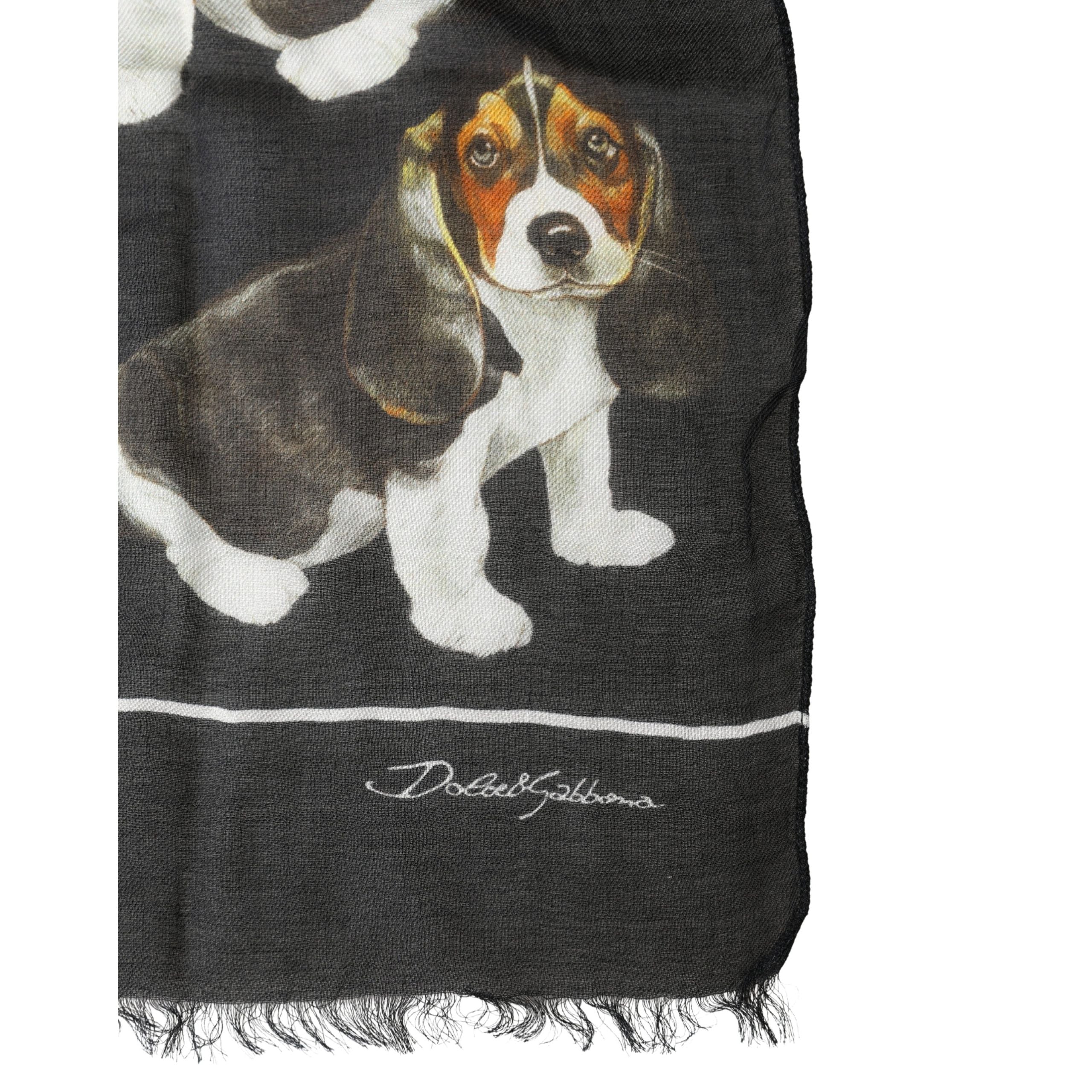 Dolce & Gabbana Black Dog Print Modal Wool Wrap Foulard 178cm X 63cm Scarf