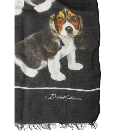 Dolce & Gabbana Black Dog Print Modal Wool Wrap Foulard 178cm X 63cm Scarf