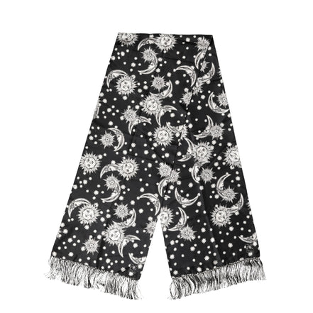 Dolce & Gabbana Black Silk Sun Moon Star Fringe Foulard 178cm X 33cm Scarf