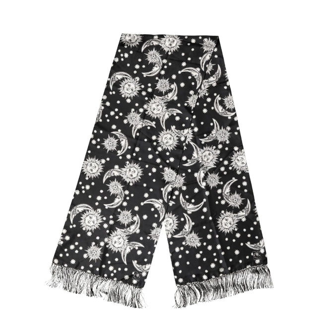 Dolce & Gabbana Black Silk Sun Moon Star Fringe Foulard 178cm X 33cm Scarf