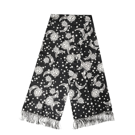 Dolce & Gabbana Black Silk Sun Moon Star Fringe Foulard 178cm X 33cm Scarf