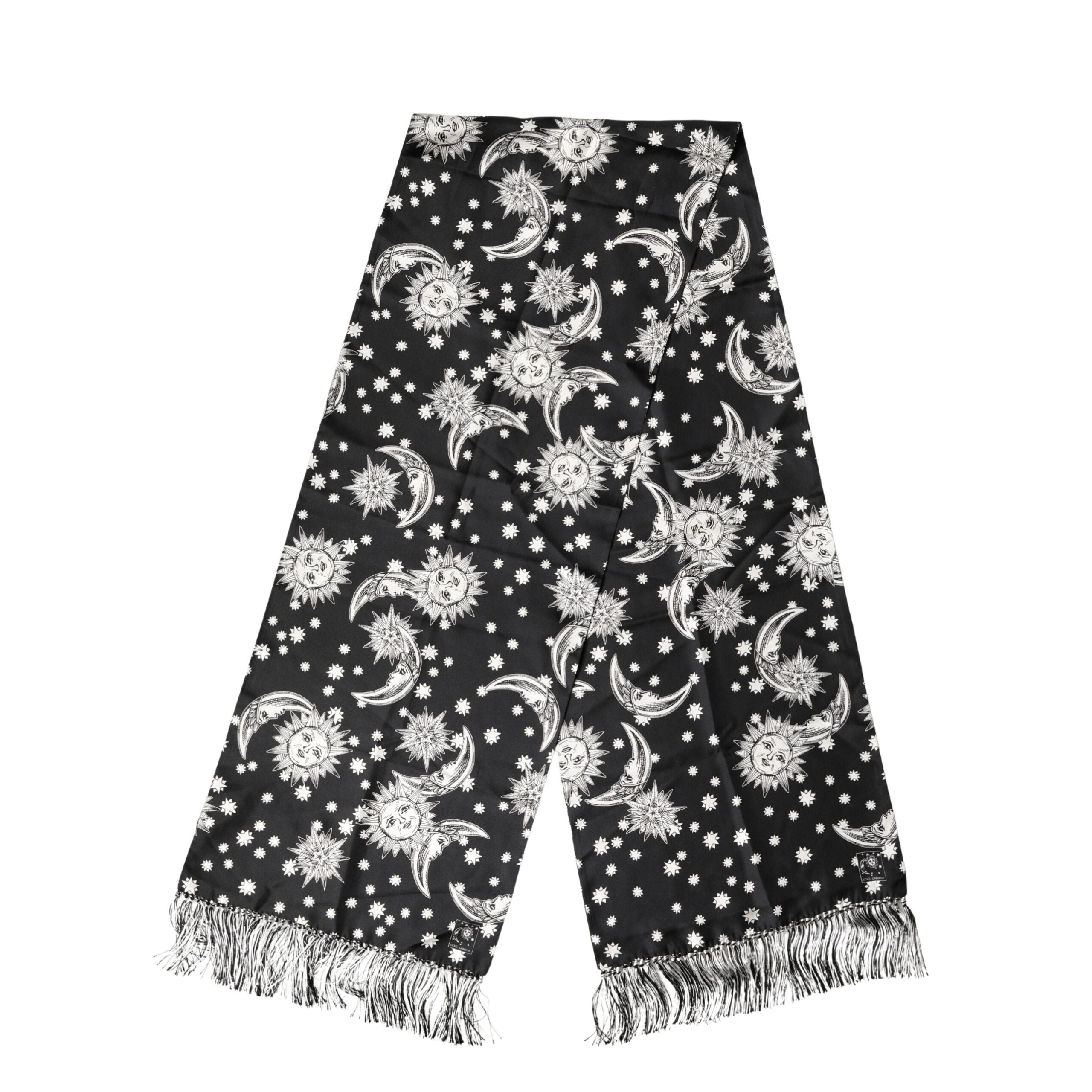 Dolce & Gabbana Black Silk Sun Moon Star Fringe Foulard 178cm X 33cm Scarf