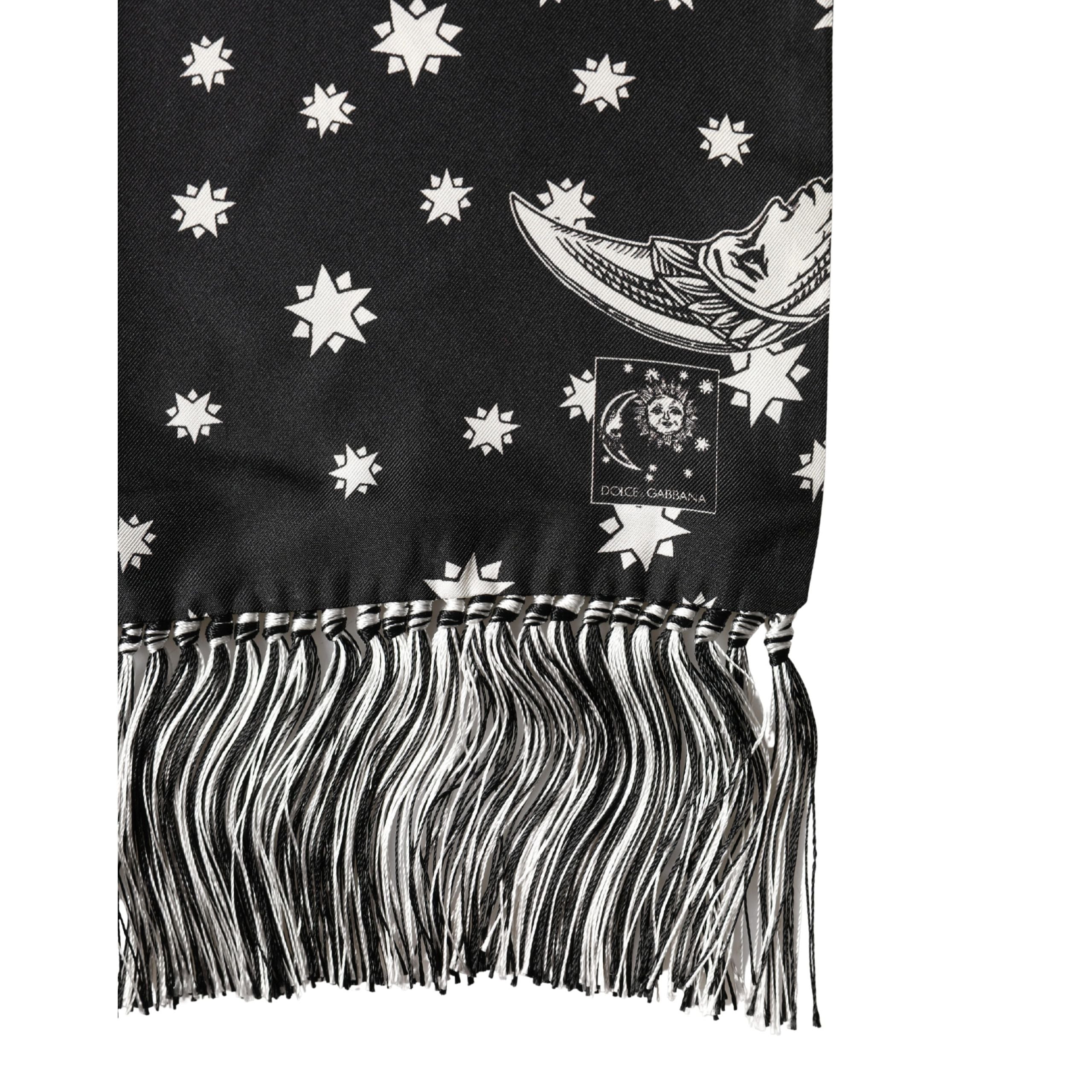 Dolce & Gabbana Black Silk Sun Moon Star Fringe Foulard 178cm X 33cm Scarf