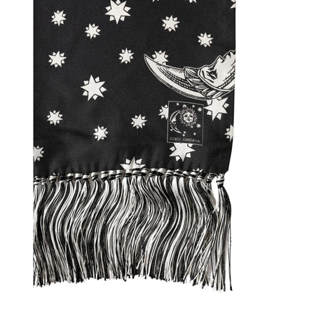 Dolce & Gabbana Black Silk Sun Moon Star Fringe Foulard 178cm X 33cm Scarf