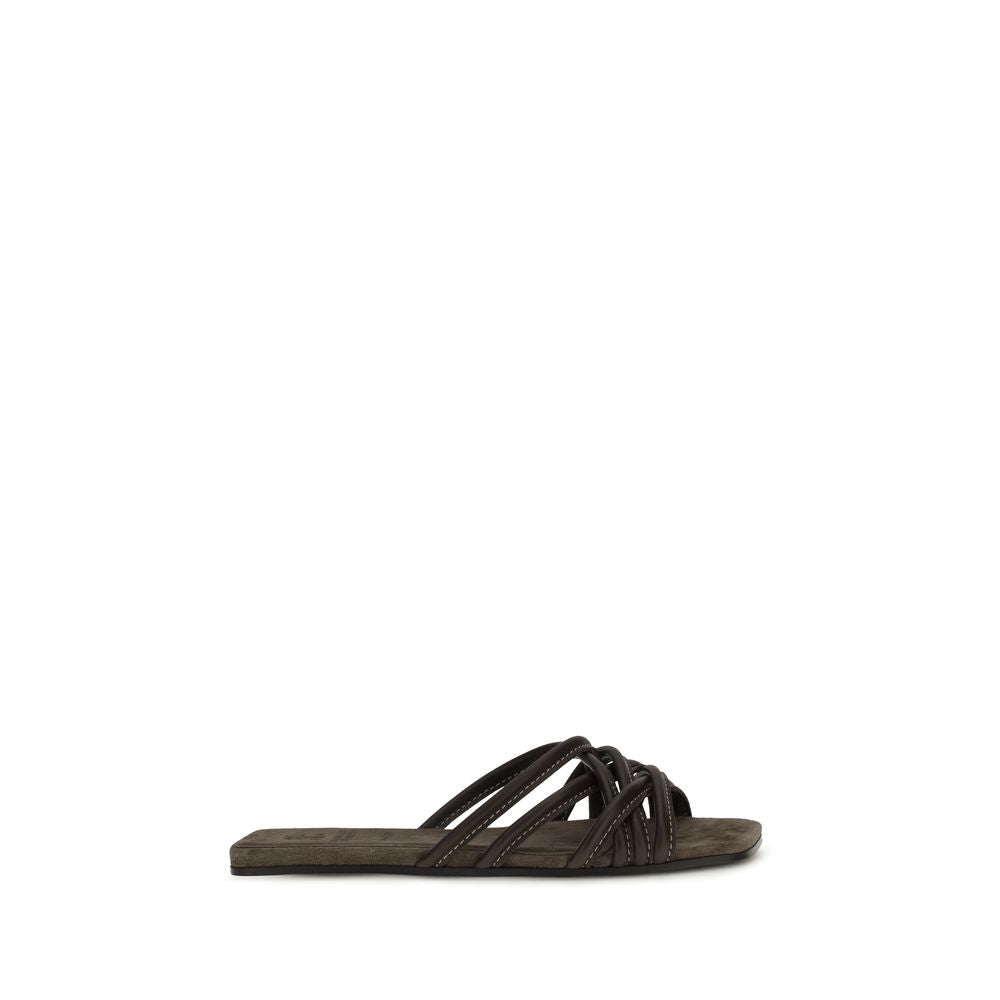Brunello Cucinelli Sandales plates en veau marron Bos Taurus