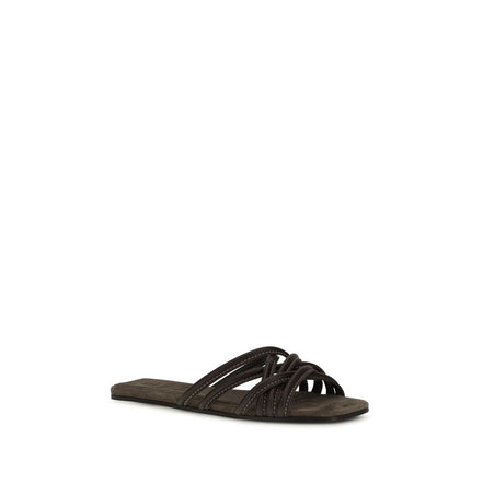 Brunello Cucinelli Sandales plates en veau marron Bos Taurus