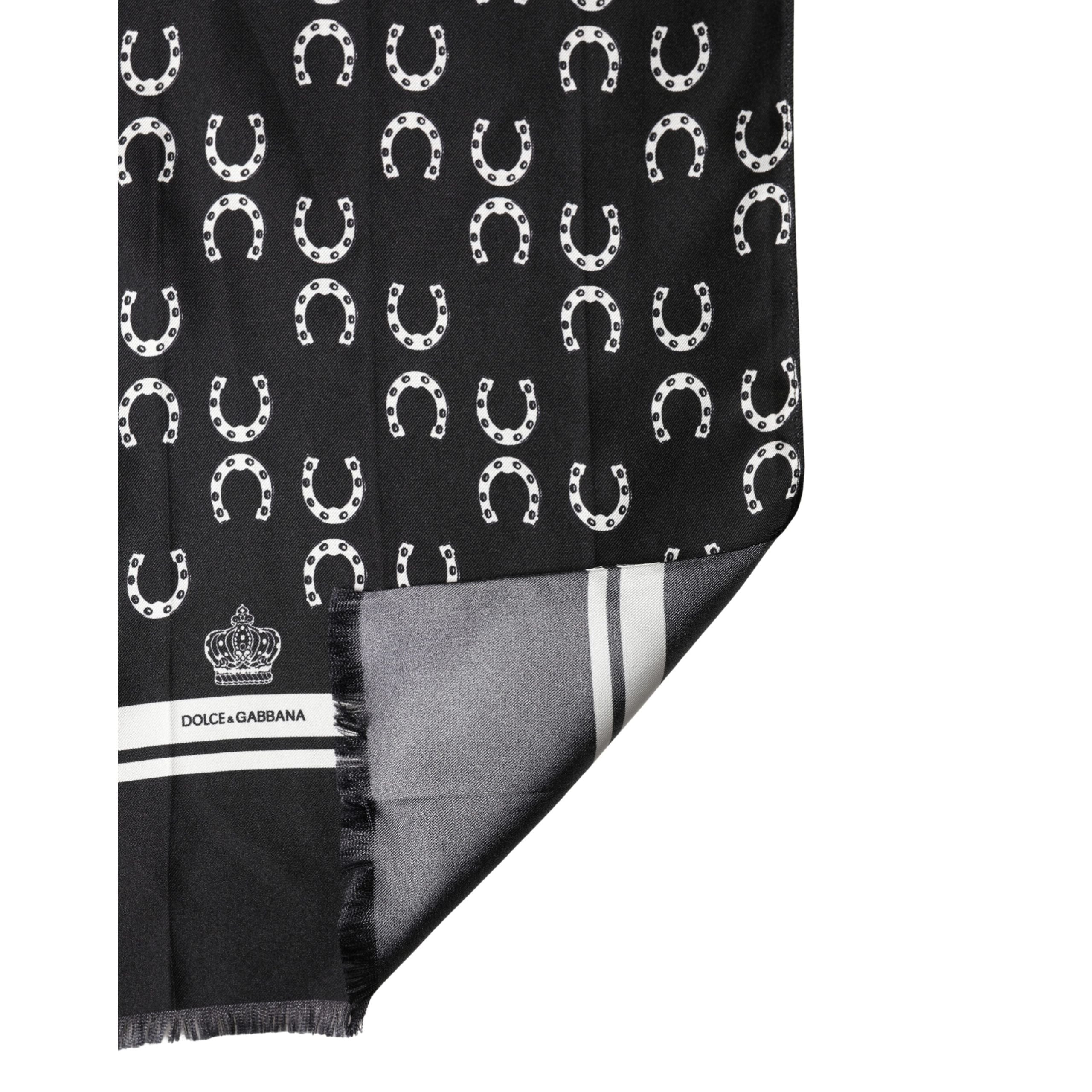 Dolce & Gabbana Black Horseshoe Silk Neck Foulard 136cm x 23cm Men's Scarf
