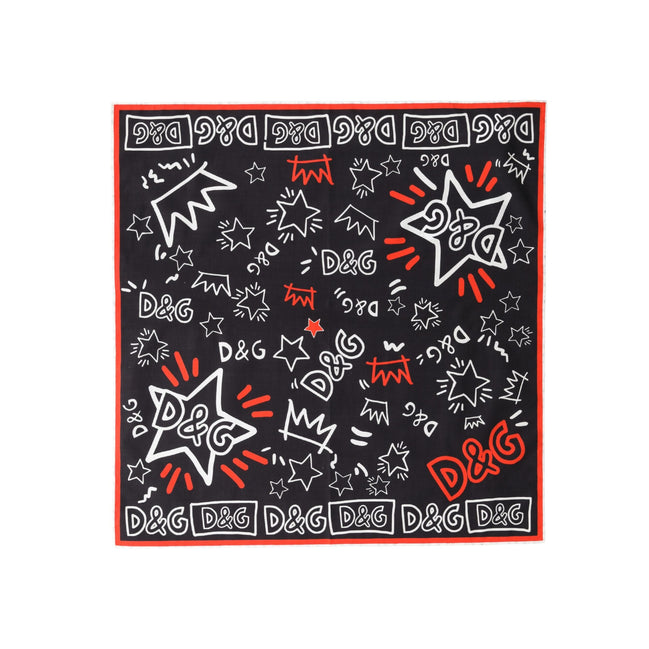 Écharpe Foulard Dolce & Gabbana Coton Noir Blanc Rouge DG Couronne 47cm x 46cm