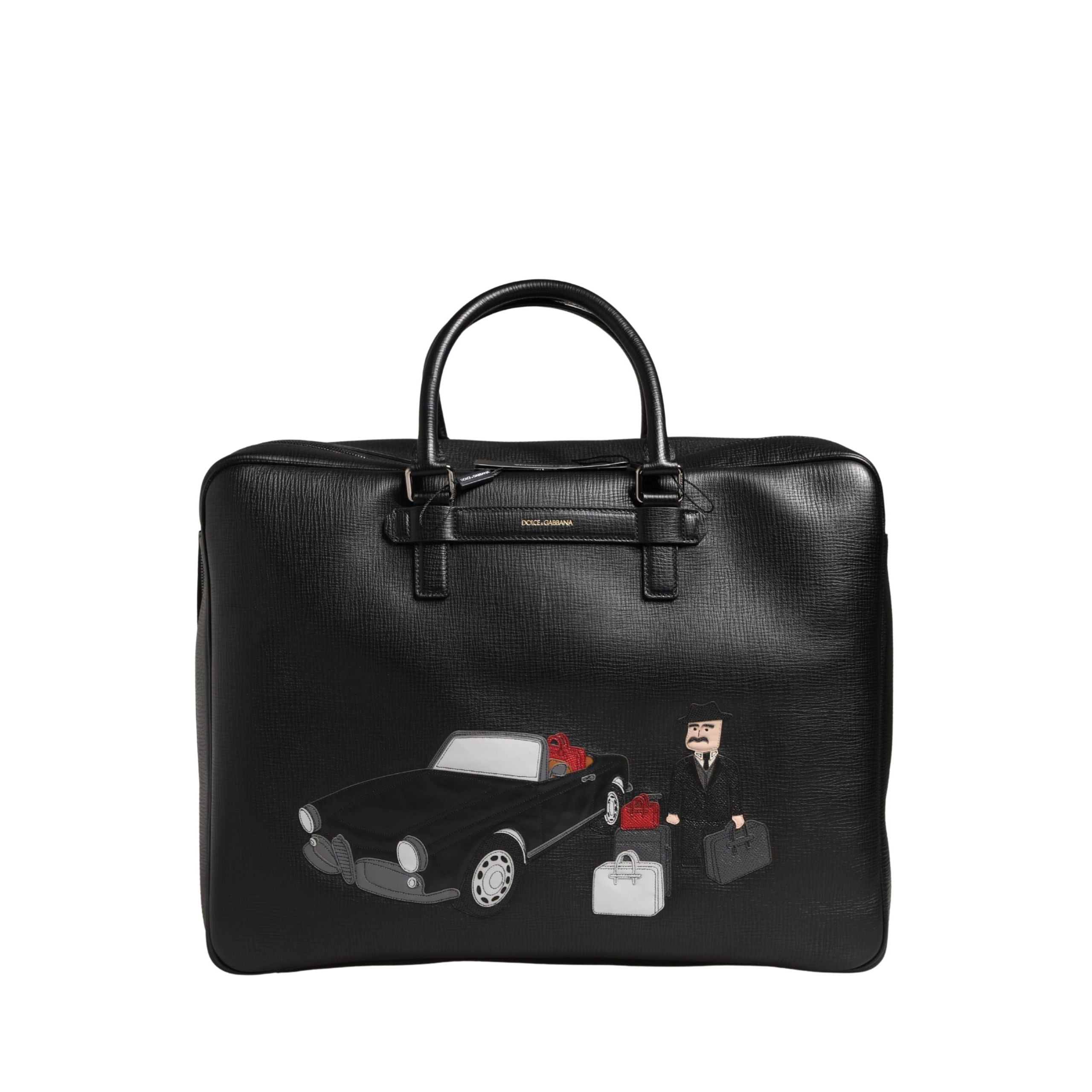 Dolce & Gabbana Borsa Da Viaggio In Pelle Nera Con Applicazione Auto Da Uomo