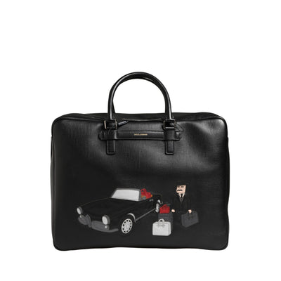 Dolce & Gabbana Borsa Da Viaggio In Pelle Nera Con Applicazione Auto Da Uomo