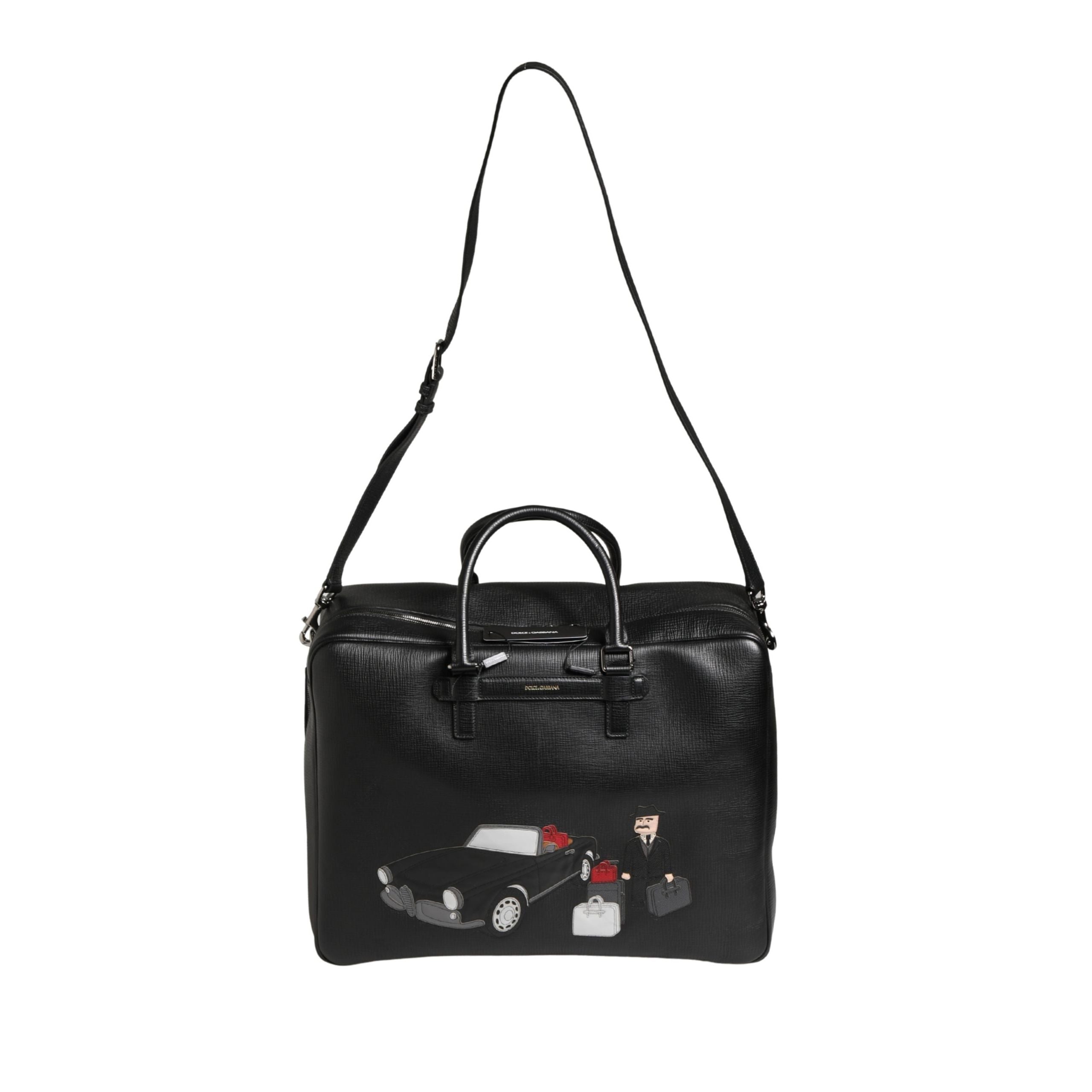 Dolce & Gabbana Borsa Da Viaggio In Pelle Nera Con Applicazione Auto Da Uomo