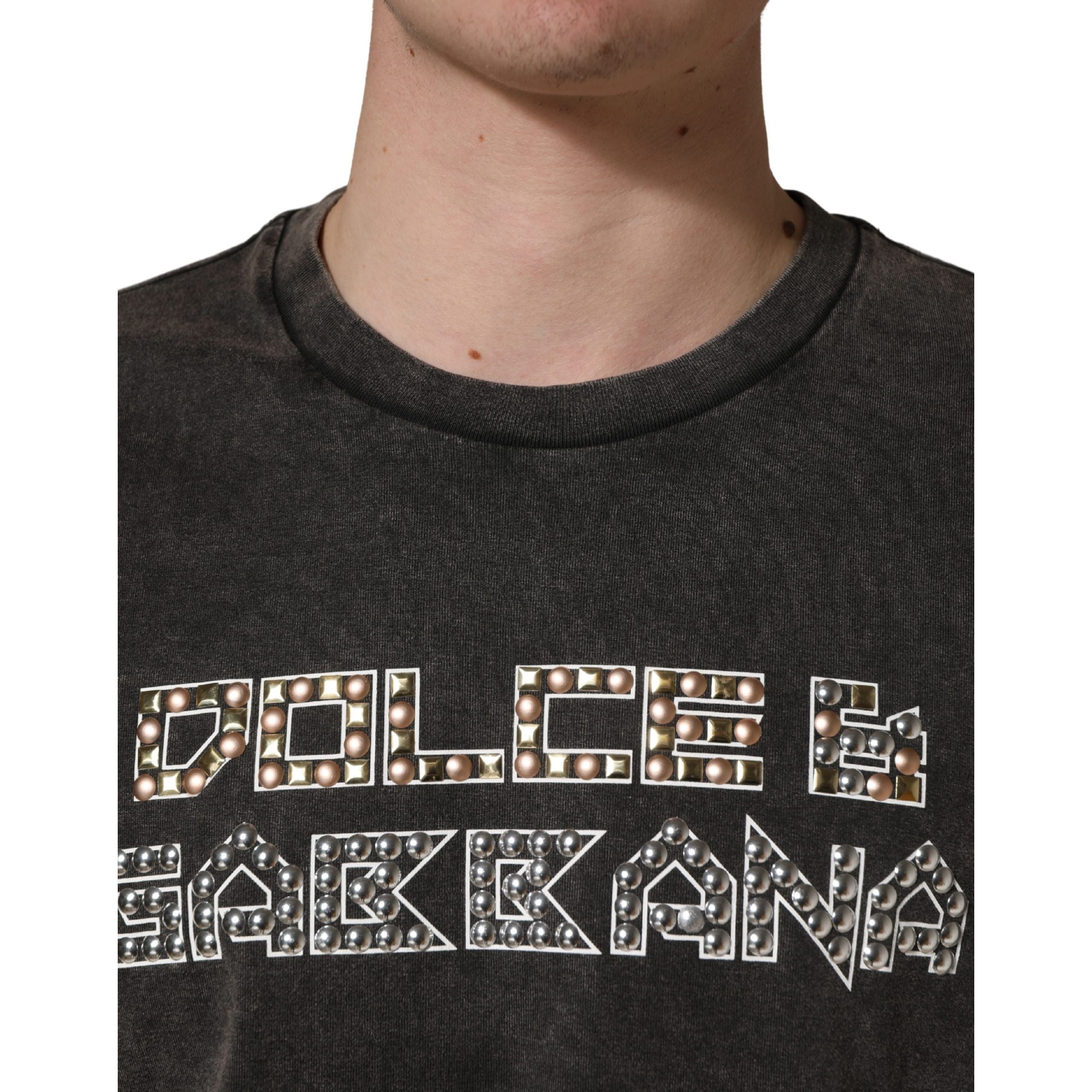 Dolce & Gabbana Grey Logo Embellished Crew Neck T-Shirt