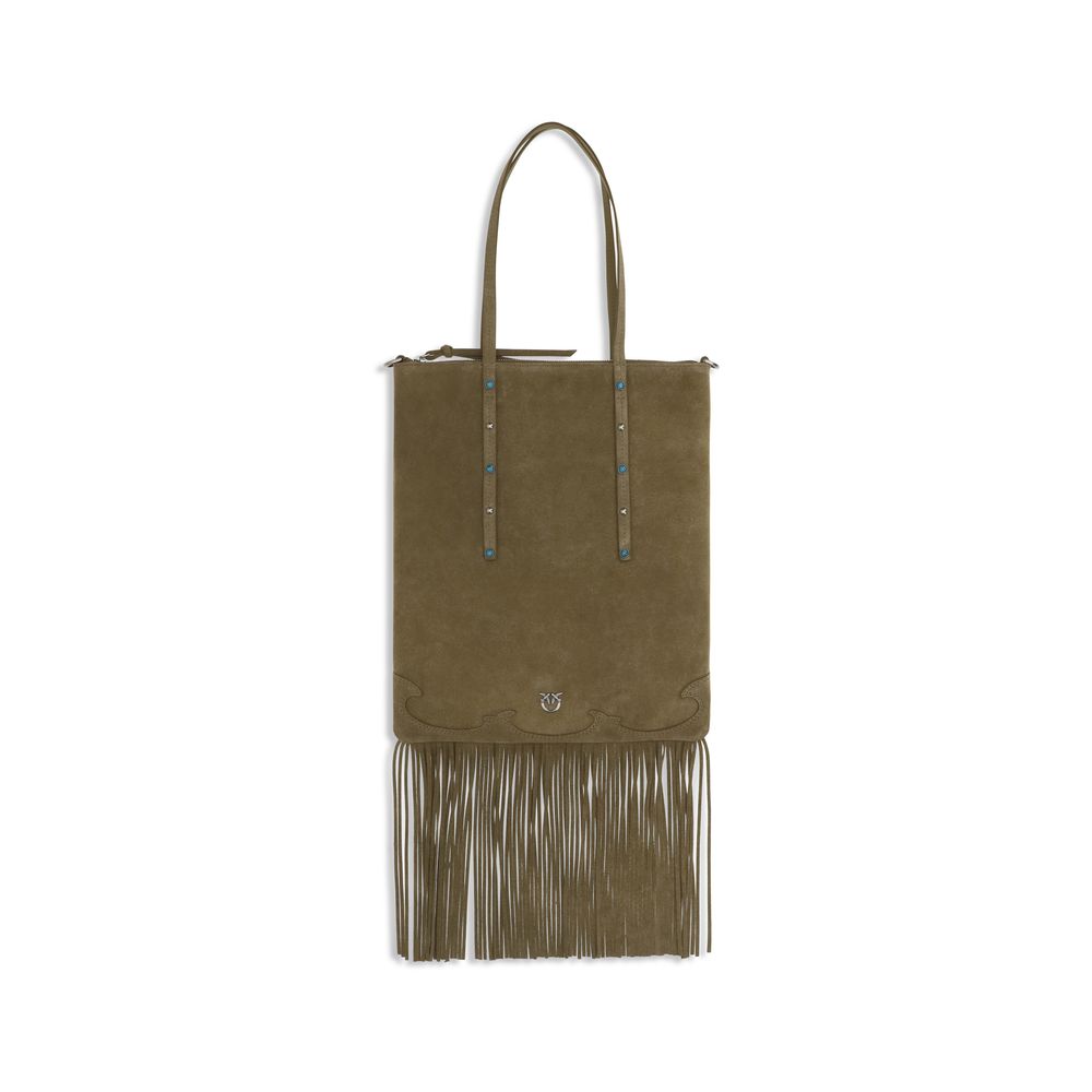 PINKO Bicolor Studded Fringe Suede Shoulder Bag