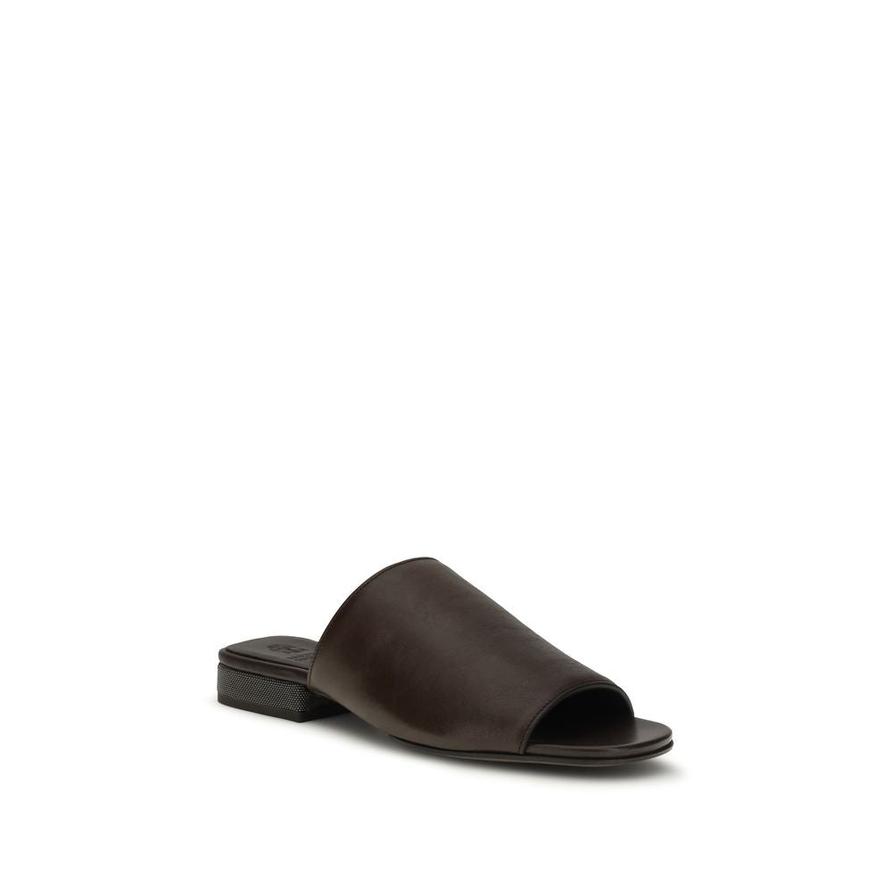 Brunello Cucinelli Mules en cuir de veau marron Bos Taurus