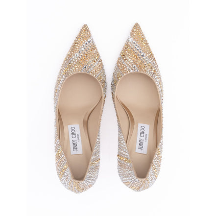 Décolleté Jimmy Choo Love 85 in pelle oro con cristalli misti