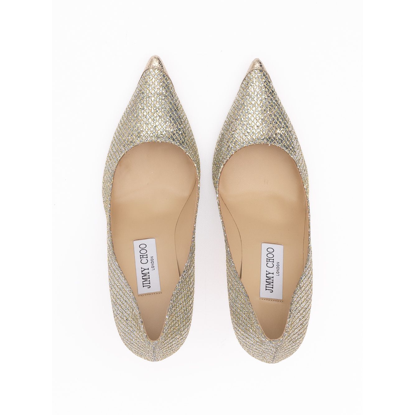 Jimmy Choo Gold Glitter Fabric Agnes Pumps