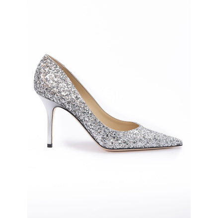 Jimmy Choo Silver Coarse Glitter Fabric Agnes Pumps