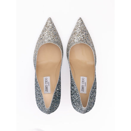 Jimmy Choo Silver Coarse Glitter Fabric Agnes Pumps