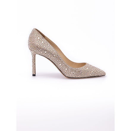 Jimmy Choo Honey Gold Shimmer Suede Crystals Romy 85 pumps