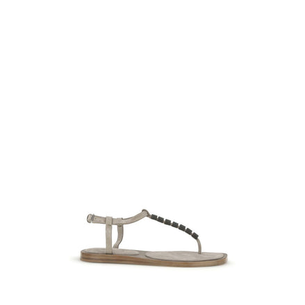 Brunello Cucinelli Beige Calf Leather Flat Sandals
