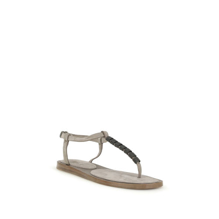 Brunello Cucinelli Beige Calf Leather Flat Sandals