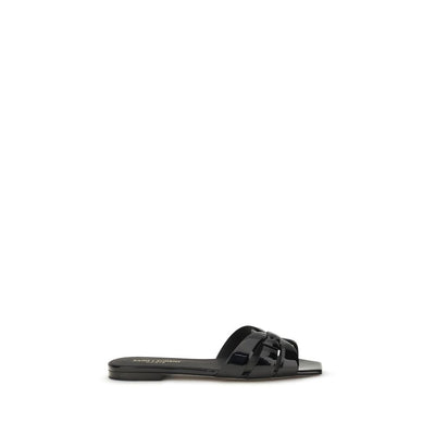 Saint Laurent Black Calf Leather Flat Sandals