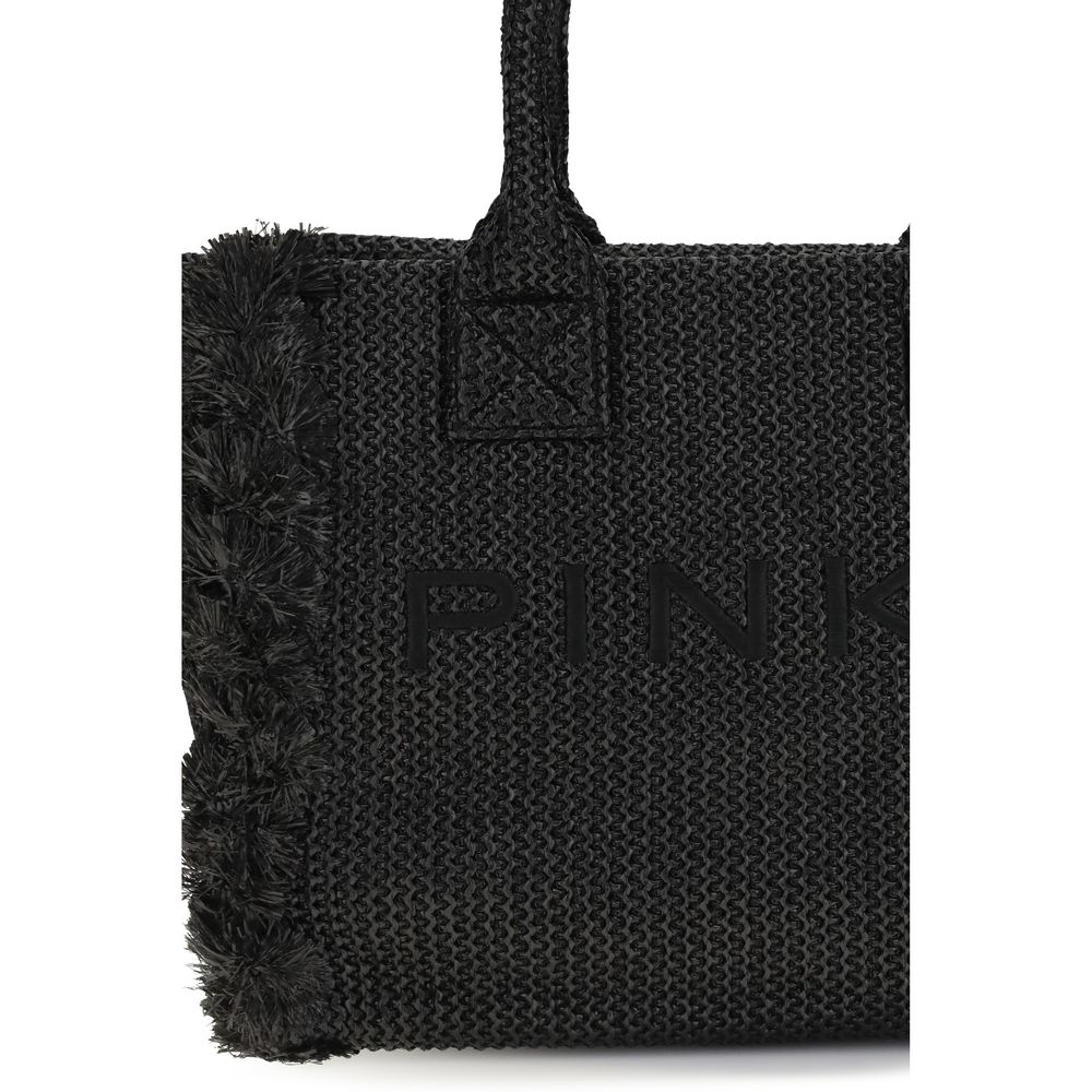 PINKO Black Beach Raffia Tote Bag