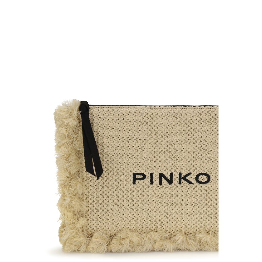 PINKO Beige Flat Handle Raffia Clutch