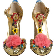 Dolce & Gabbana Sandali con cinturino a T e bordo in pelliccia, dorati e glitterati