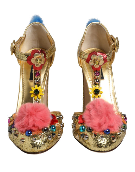 Dolce & Gabbana Sandali con cinturino a T e bordo in pelliccia, dorati e glitterati