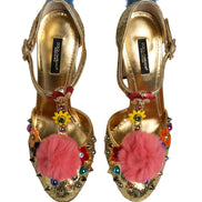Dolce & Gabbana Sandali con cinturino a T e bordo in pelliccia, dorati e glitterati