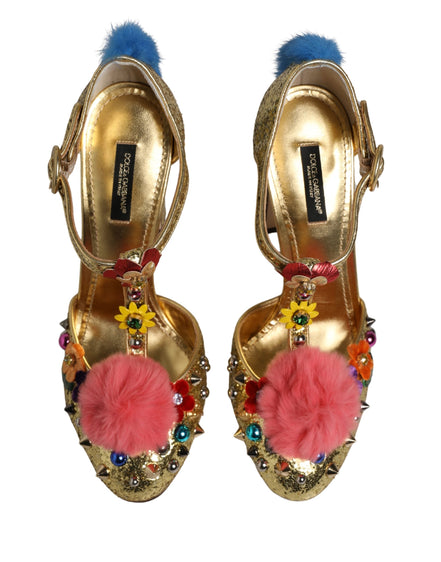 Dolce & Gabbana Sandali con cinturino a T e bordo in pelliccia, dorati e glitterati