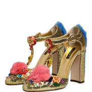 Dolce & Gabbana Sandali con cinturino a T e bordo in pelliccia, dorati e glitterati